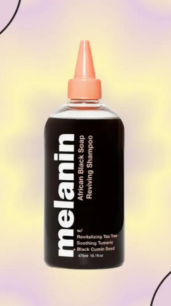 A bottle of Melanin African Black Soap Reviving Shampoo on a gradient background 